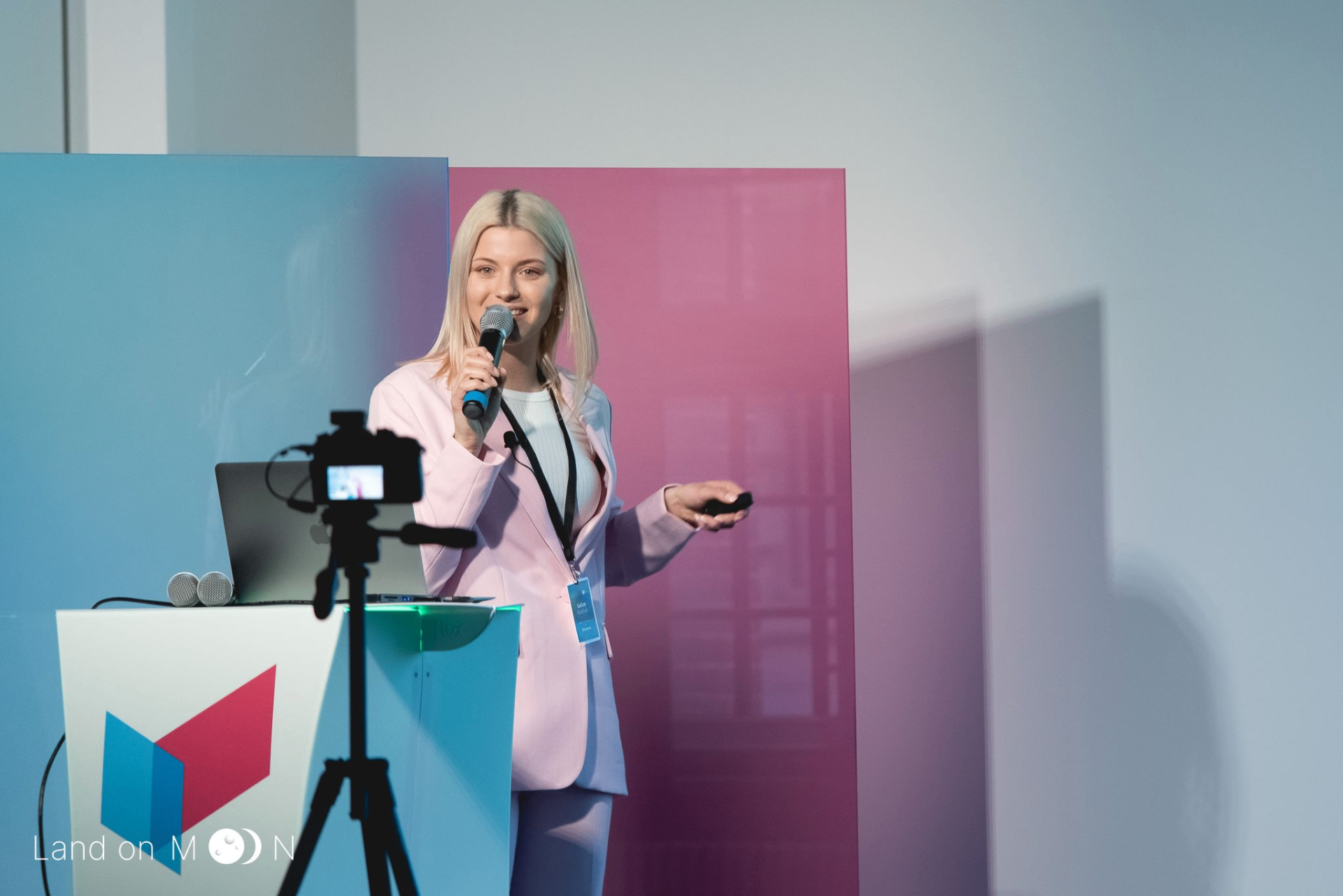 Speaking on stage — Land on Moon